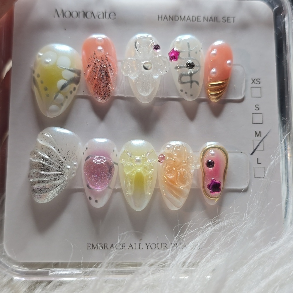 Handmade Short Medium Abstract Pearl Rhinestone Press On Nails Nude Pastel Y2K K